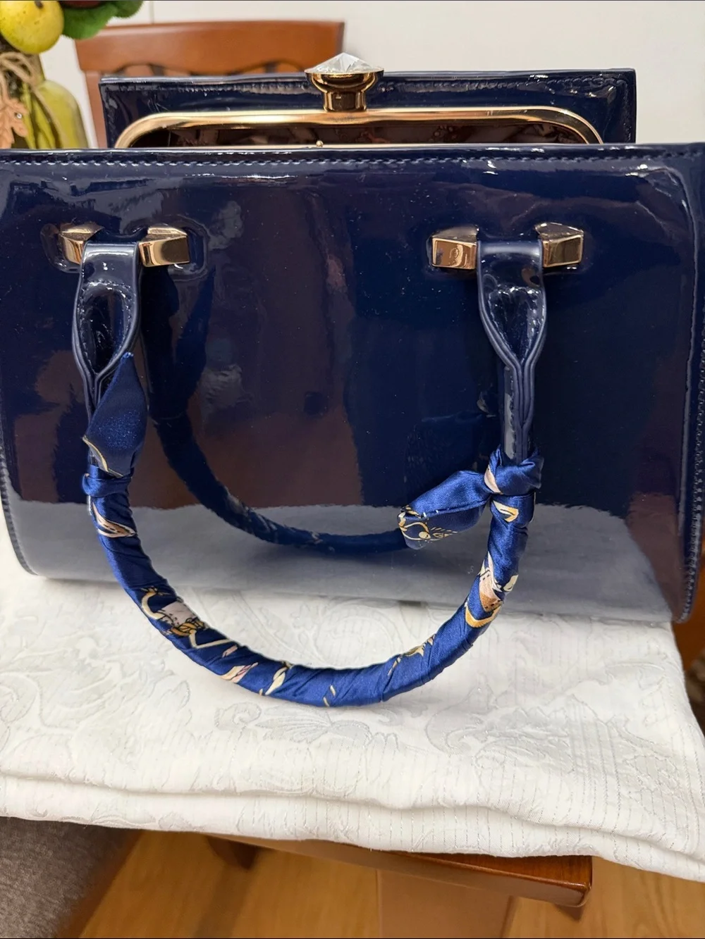 Navy Patent Top-Handle Satchel